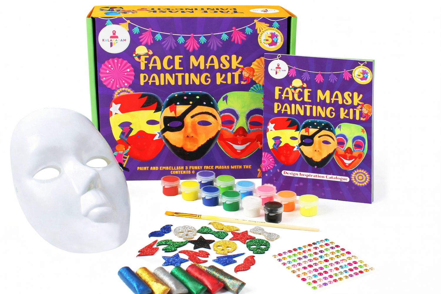 Face mask painting kit with masks, paints, and tools on a white background