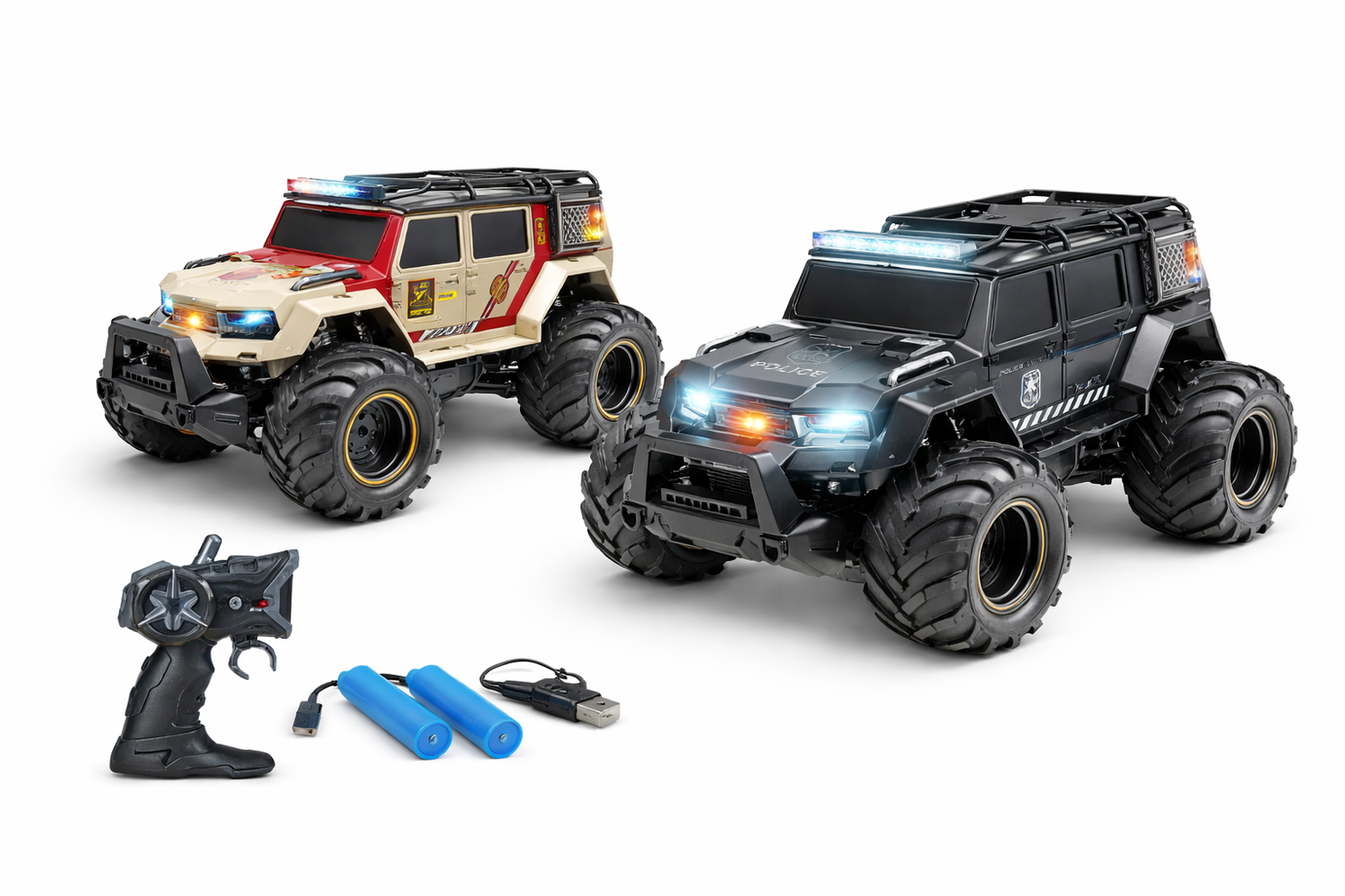 Two toy monster trucks with lights and a remote control on a white background