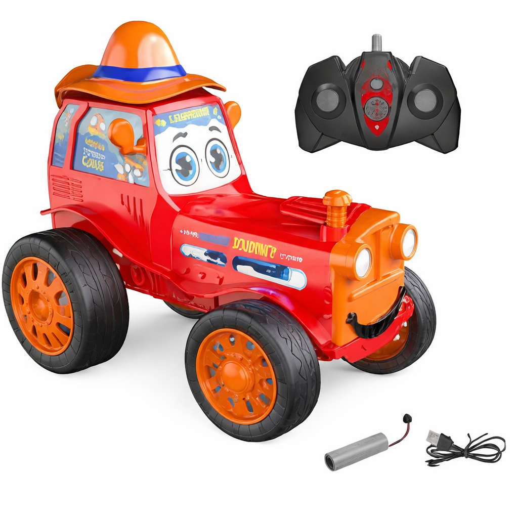 Toy truck with face design, remote control, and power cable on a white background