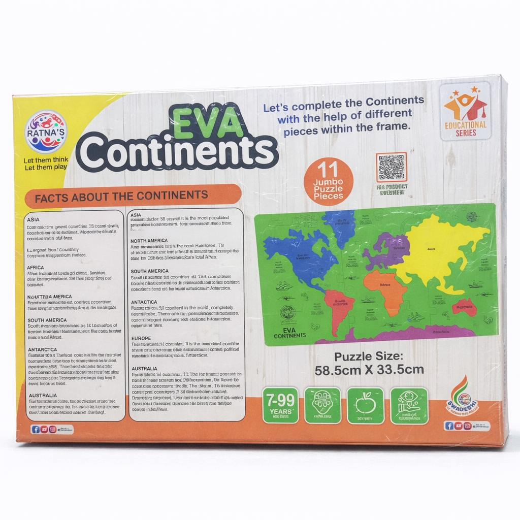 EVA Continents puzzle packaging with educational content and map illustration.