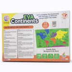EVA Continents puzzle packaging with educational content and map illustration.