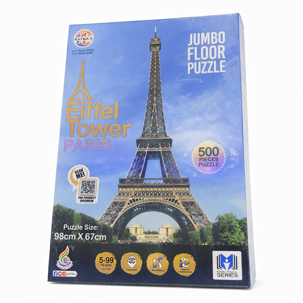 Jumbo floor puzzle packaging of the Eiffel Tower with a blue sky background