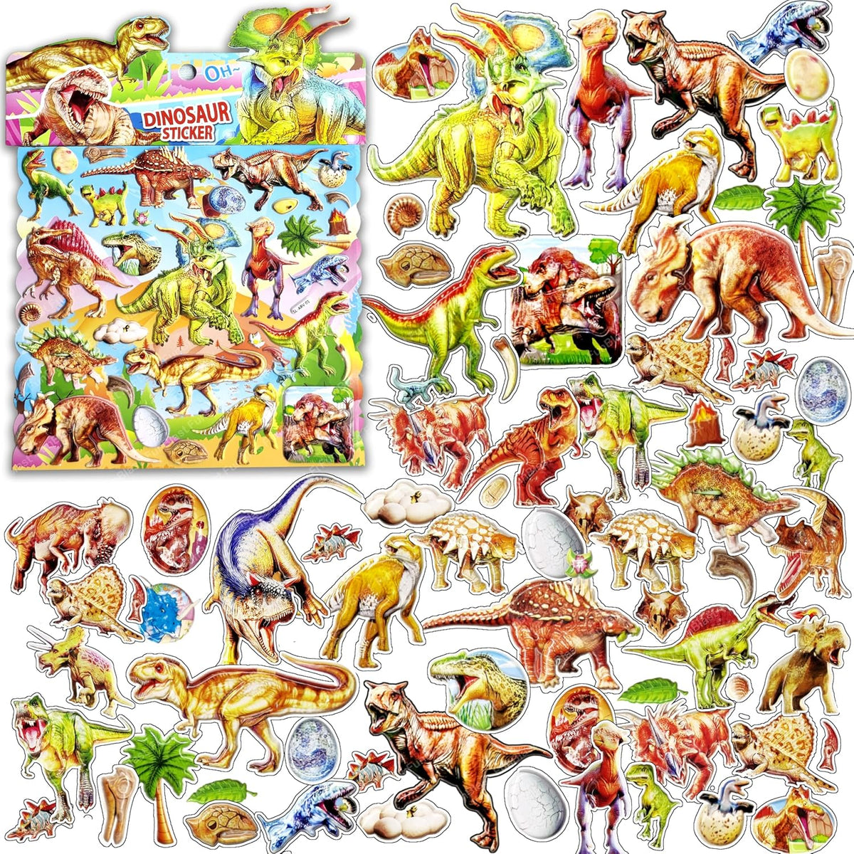 Dinosaur stickers with a colorful packaging on the left side.