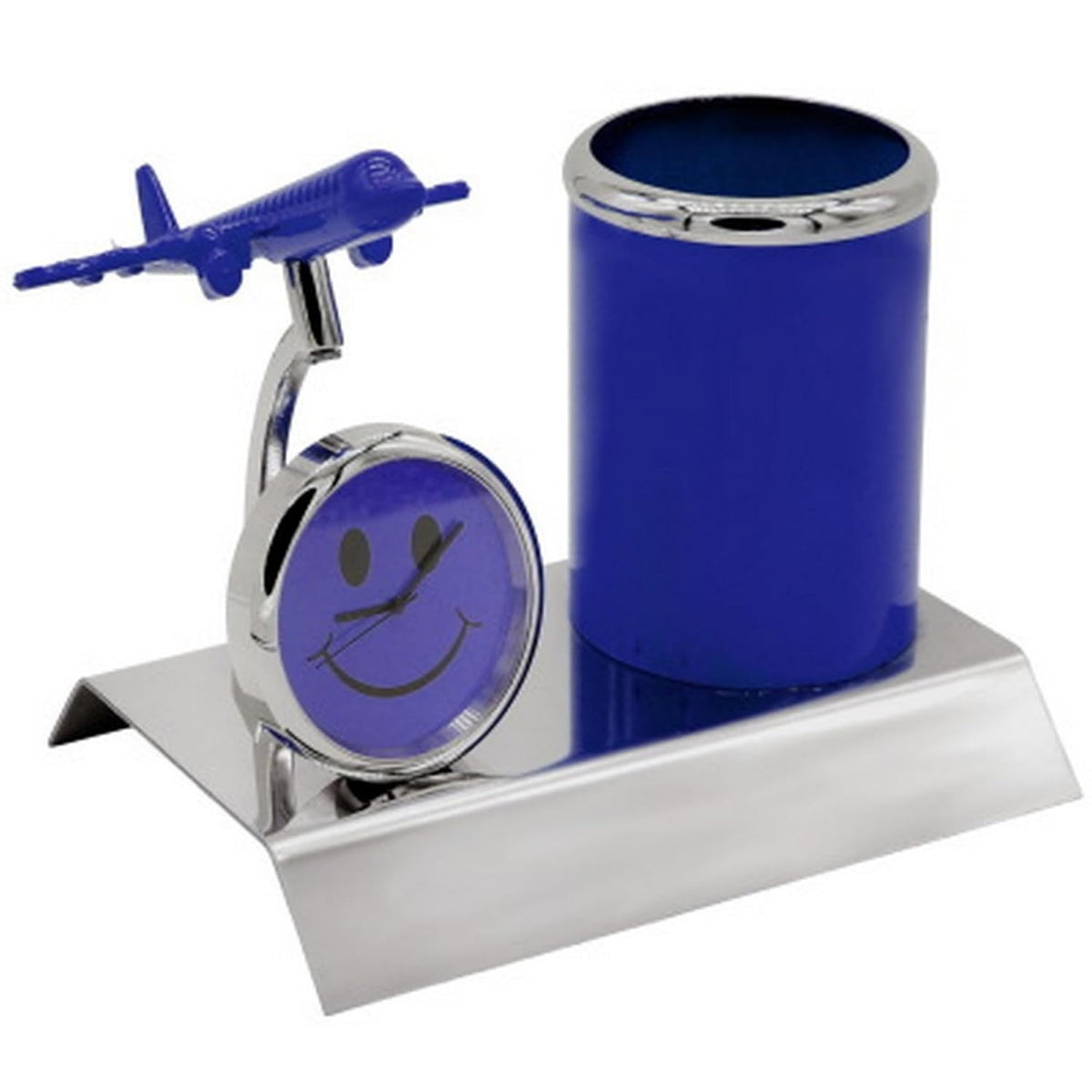 Blue and silver desk set with a smiley face clock and cylindrical container on a white background
