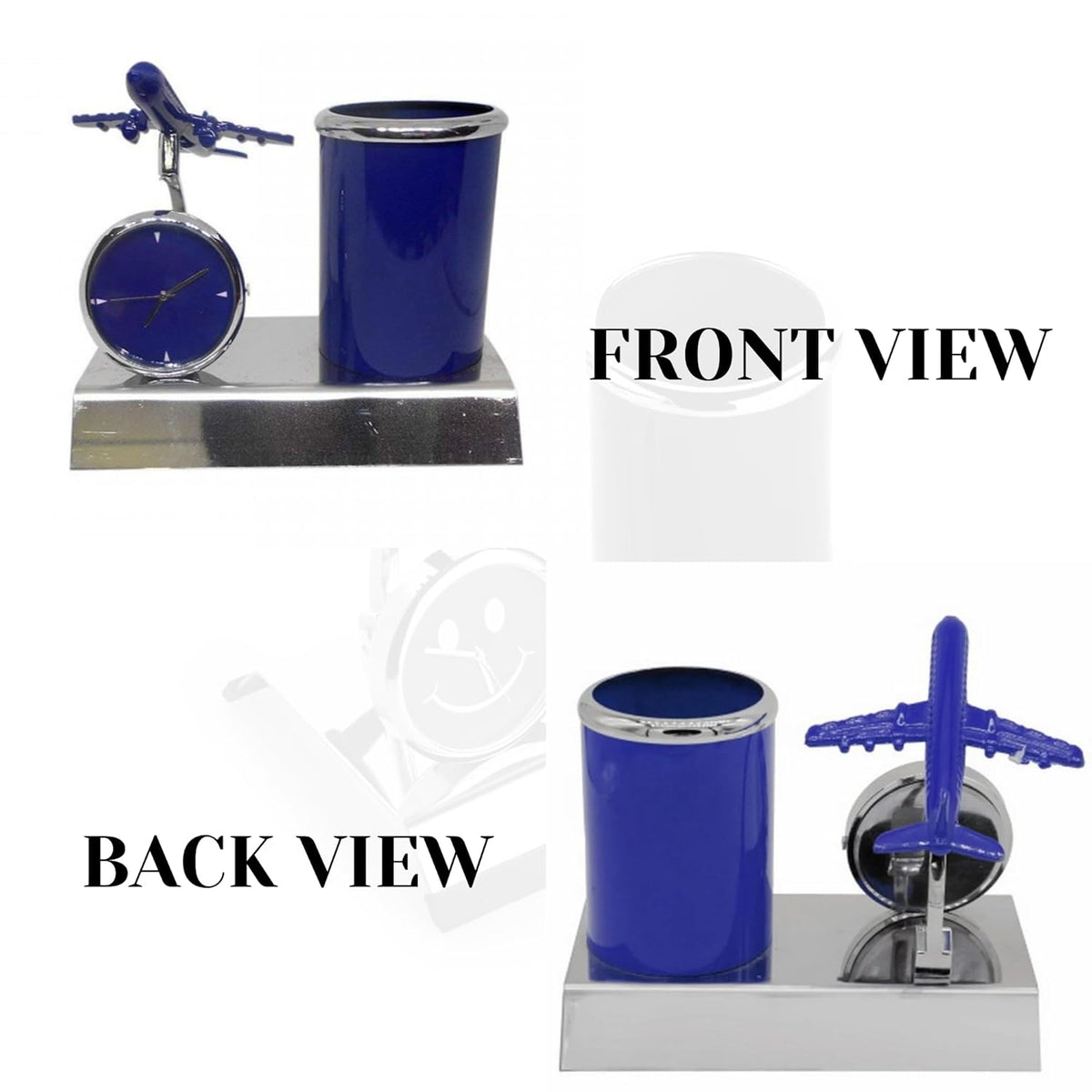 Blue airplane clock and pen holder with front and back views on a white background