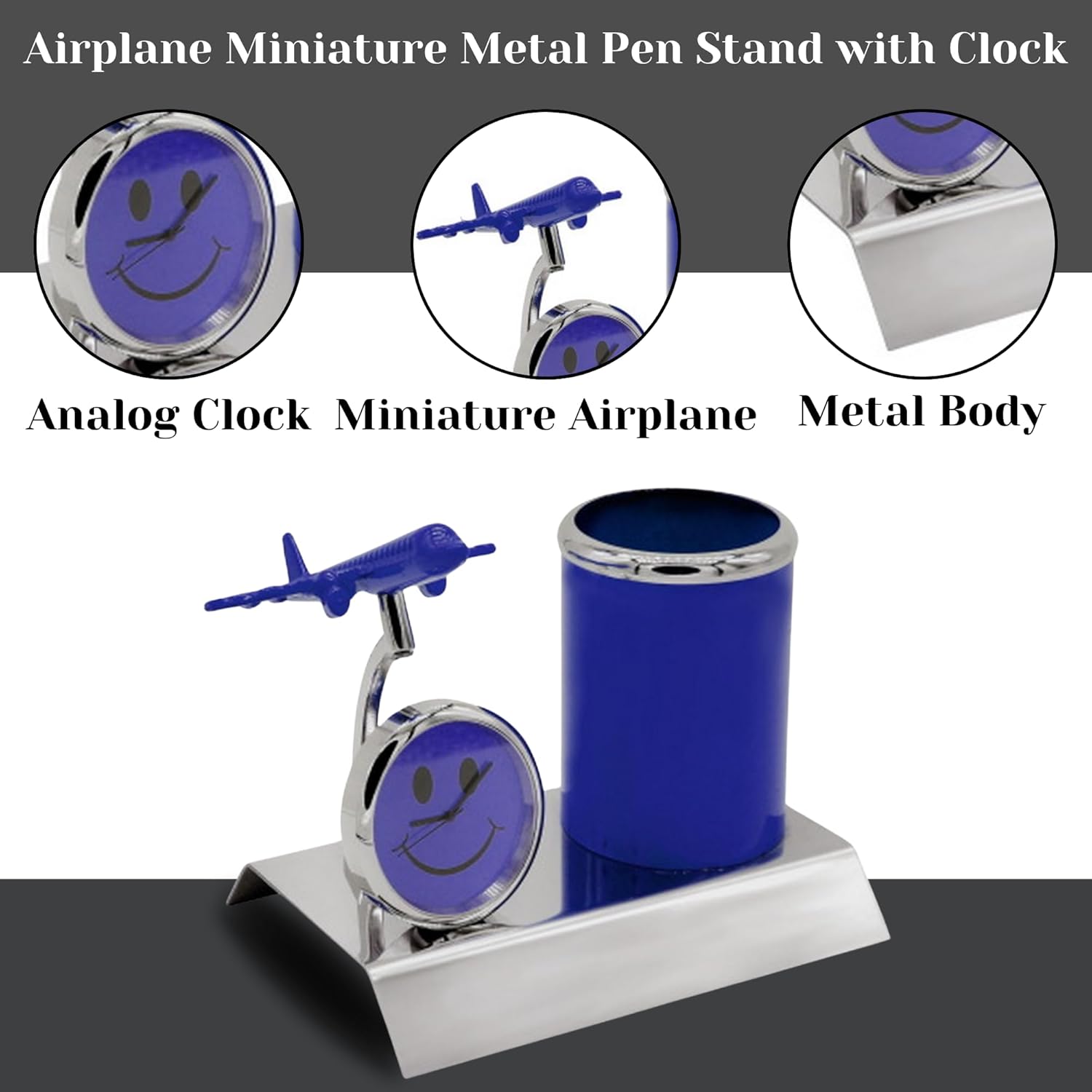 Airplane miniature metal pen stand with clock on a gray background