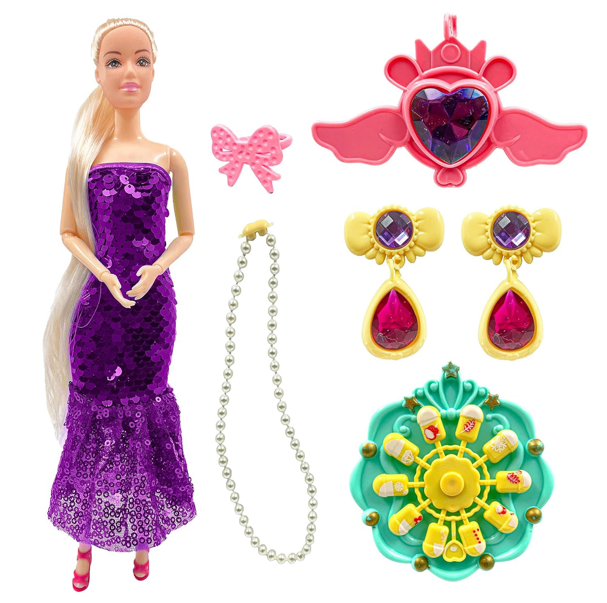 Barbie doll with purple dress, accessories including a pink crown, earrings, and a green decorative item on a white background.