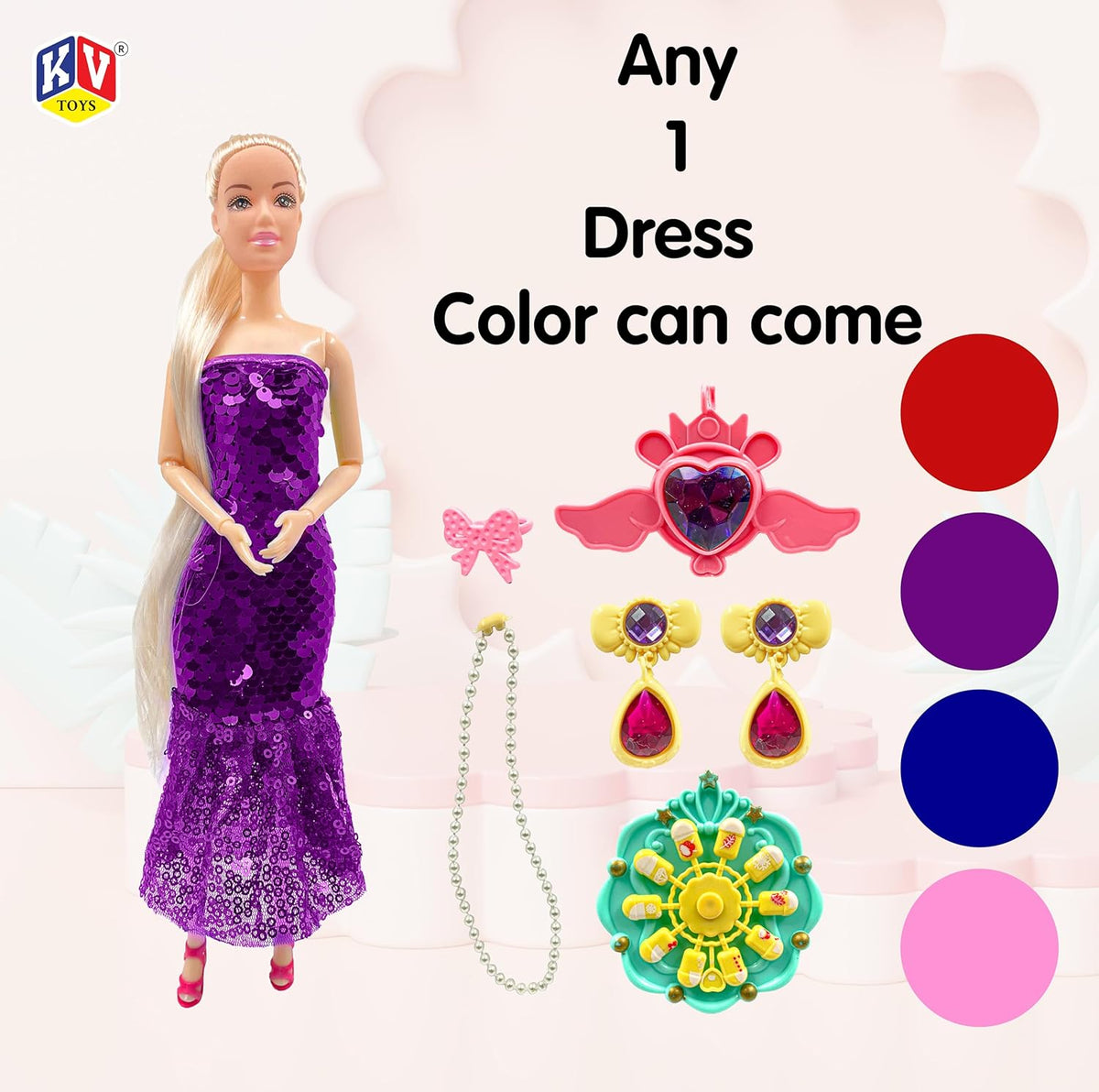 Barbie doll with purple dress and accessories on a pink background with color swatches.