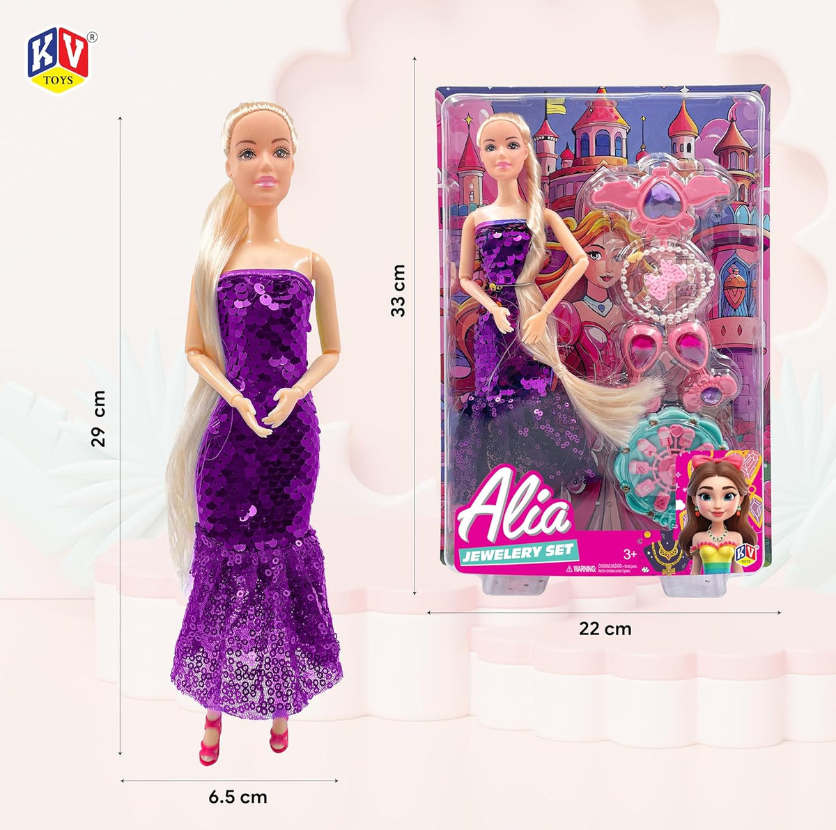 Barbie doll in a purple dress with packaging and measurements on a white background