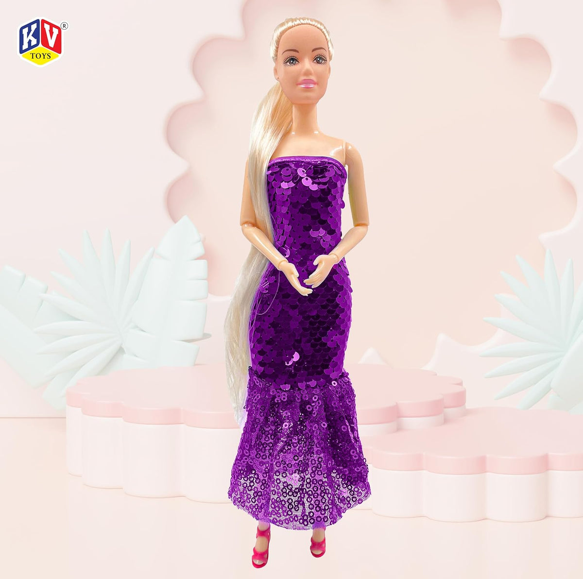 Barbie doll in a purple dress with a pink background