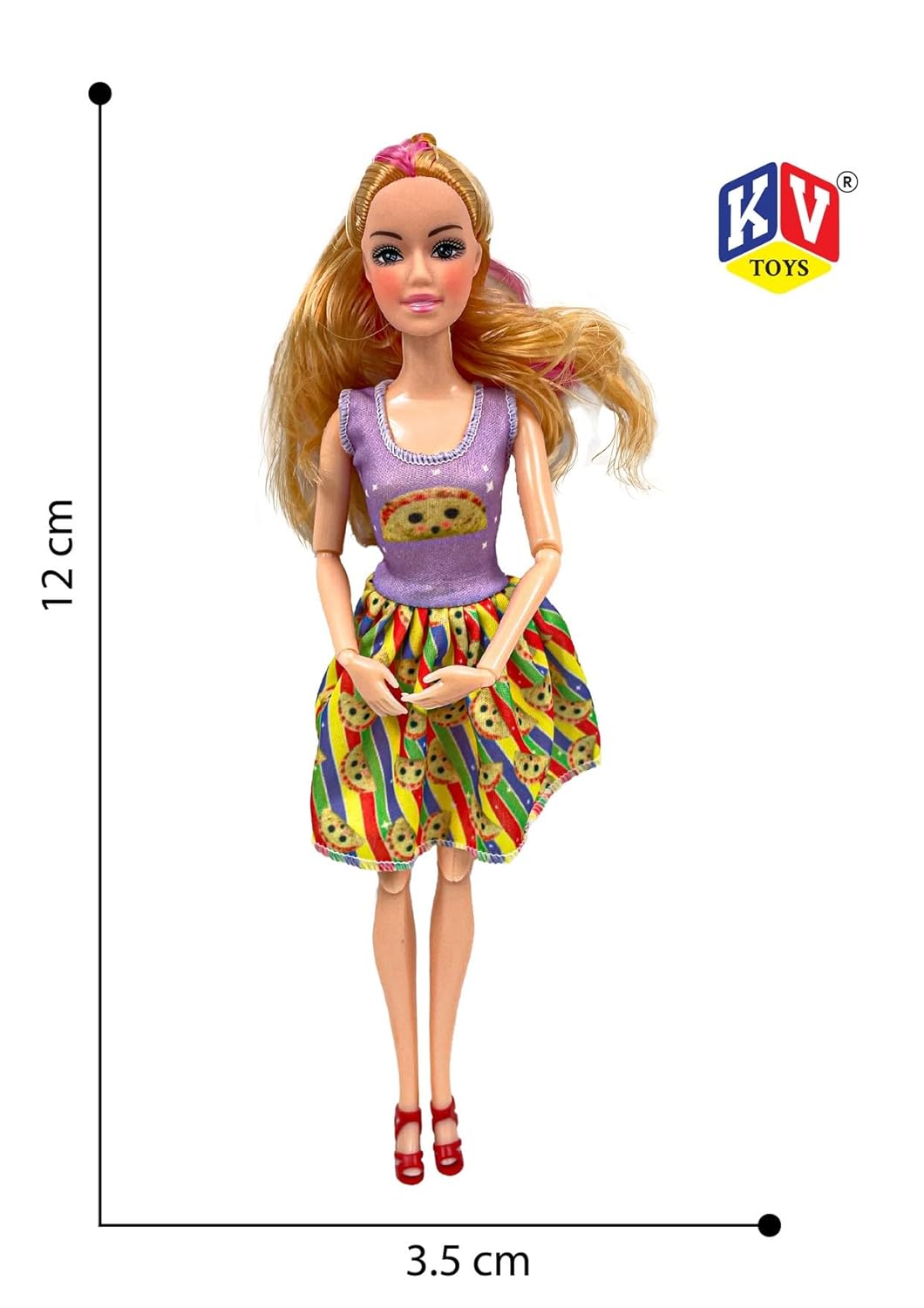 Toy doll with colorful outfit and measurements on a white background, featuring the KV Toys logo.