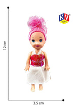 Toy doll with pink hair and a measuring chart on a white background
