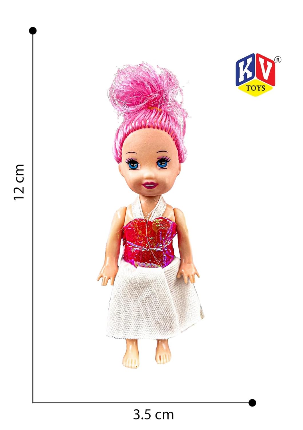 Toy doll with pink hair and a measuring chart on a white background