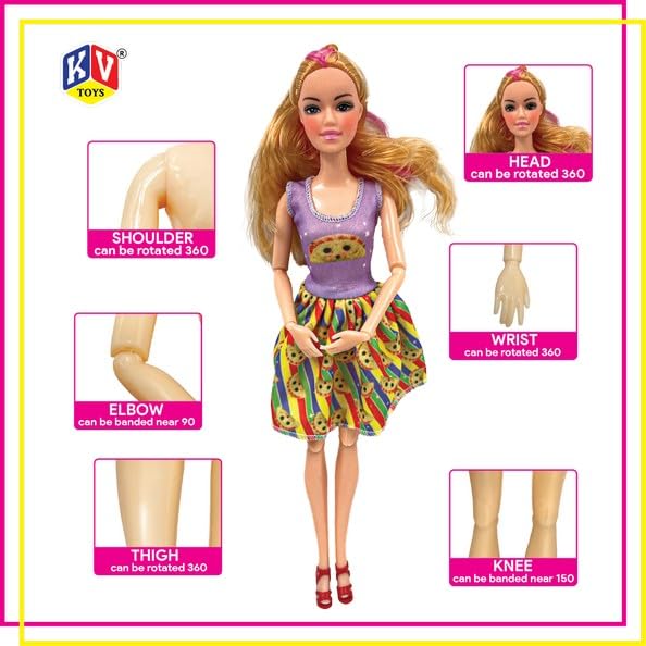 Toy doll with articulation points labeled on a white background
