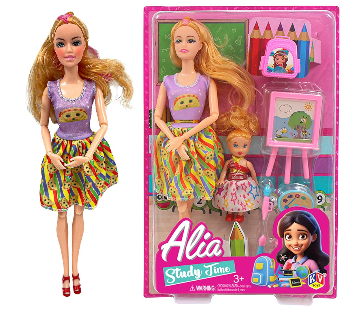 Toy doll with colorful outfit next to its packaging featuring another doll and educational items.