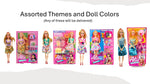 Assorted dolls with different outfits and themes on a white background