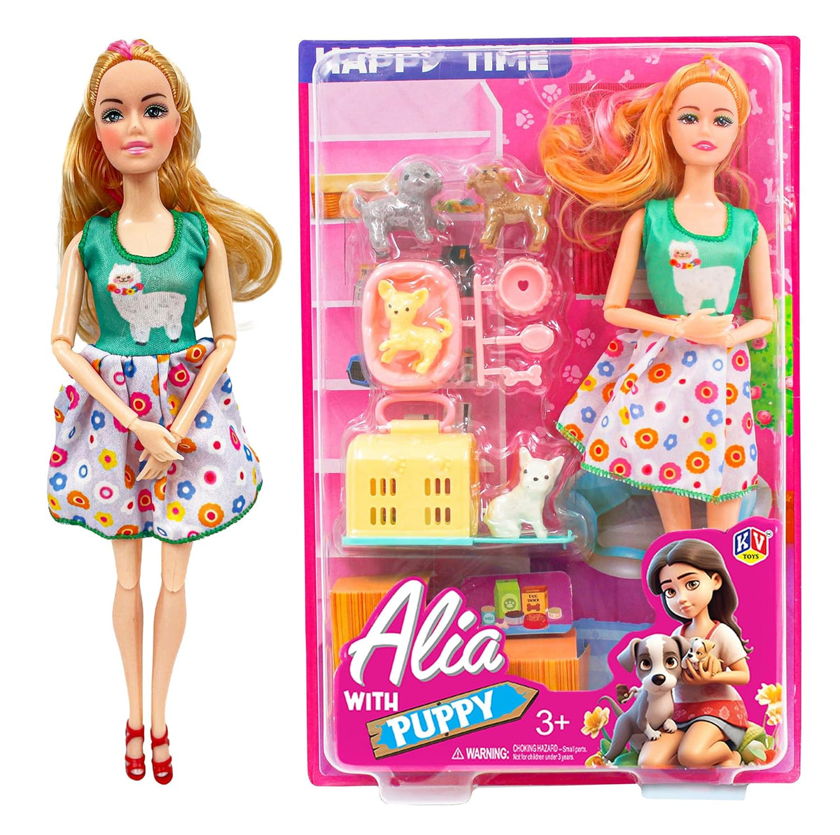 Toy doll with a puppy and packaging featuring 'Alia with Puppy' on a white background