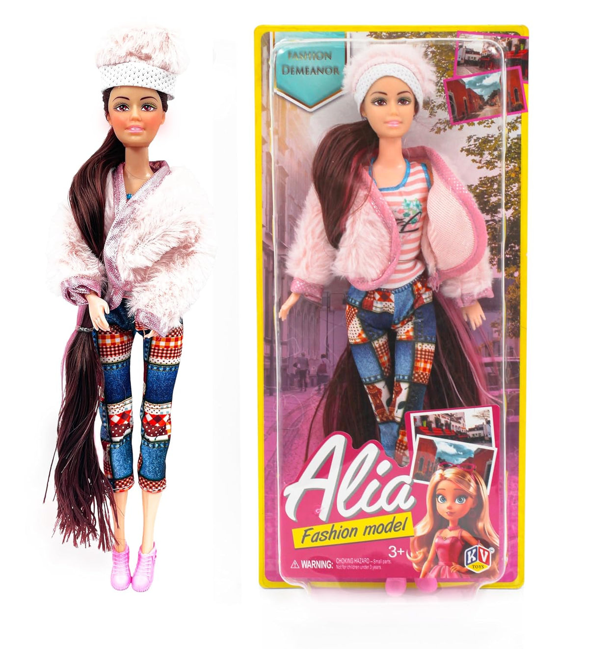 Fashion doll with colorful outfit next to its packaging