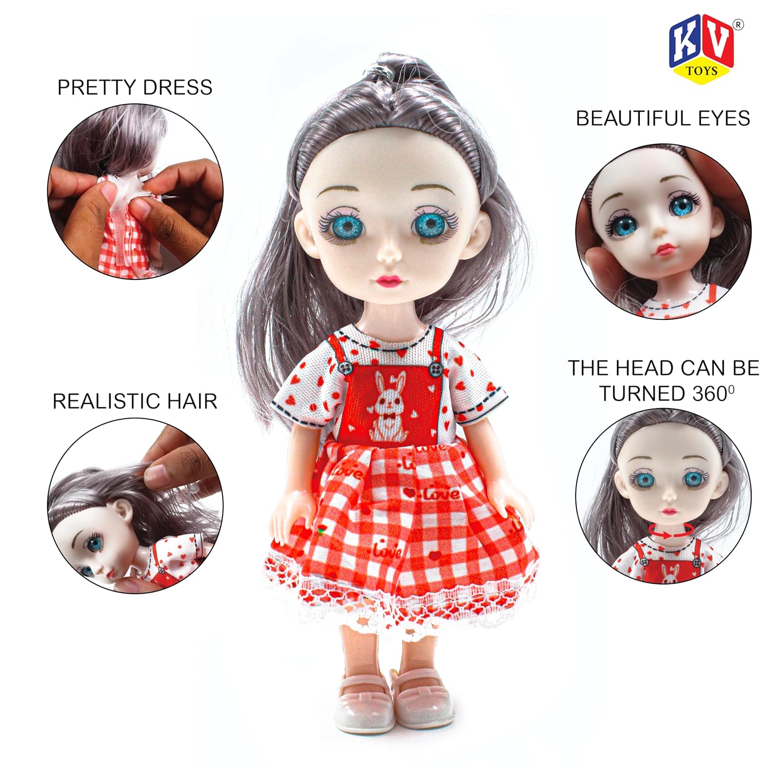 Toy doll with red checkered dress and gray hair, surrounded by close-up details on a white background.