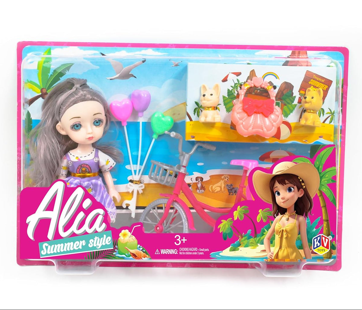 Toy packaging with a doll named Alia and summer-themed accessories on a white background