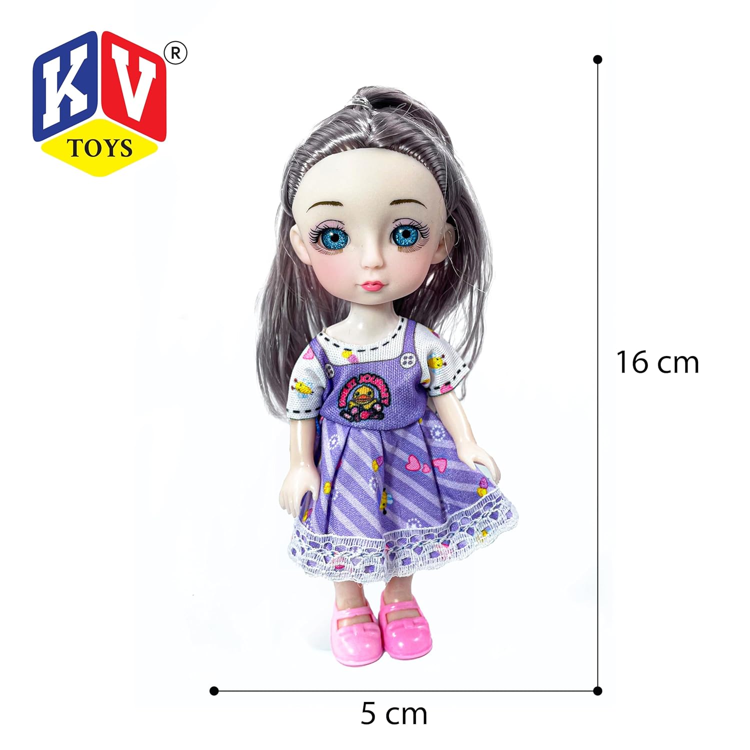 Toy doll with purple dress and measurement details on a white background, featuring KV Toys logo.