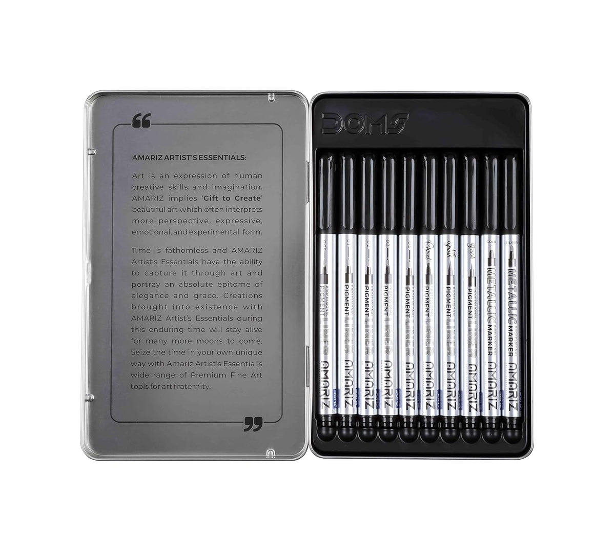 Set of art pencils in a metal case with text on a white background