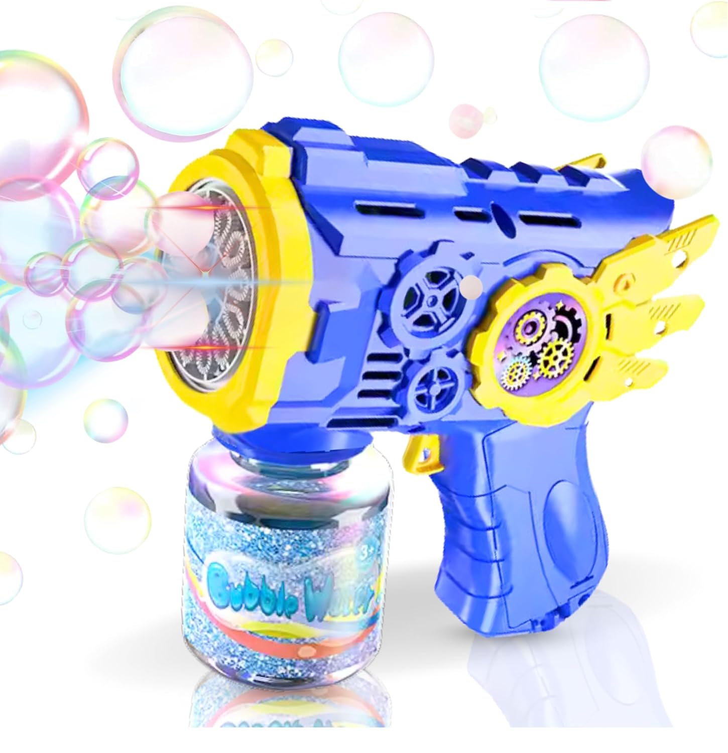 Toy bubble gun with visible bubbles on a white background