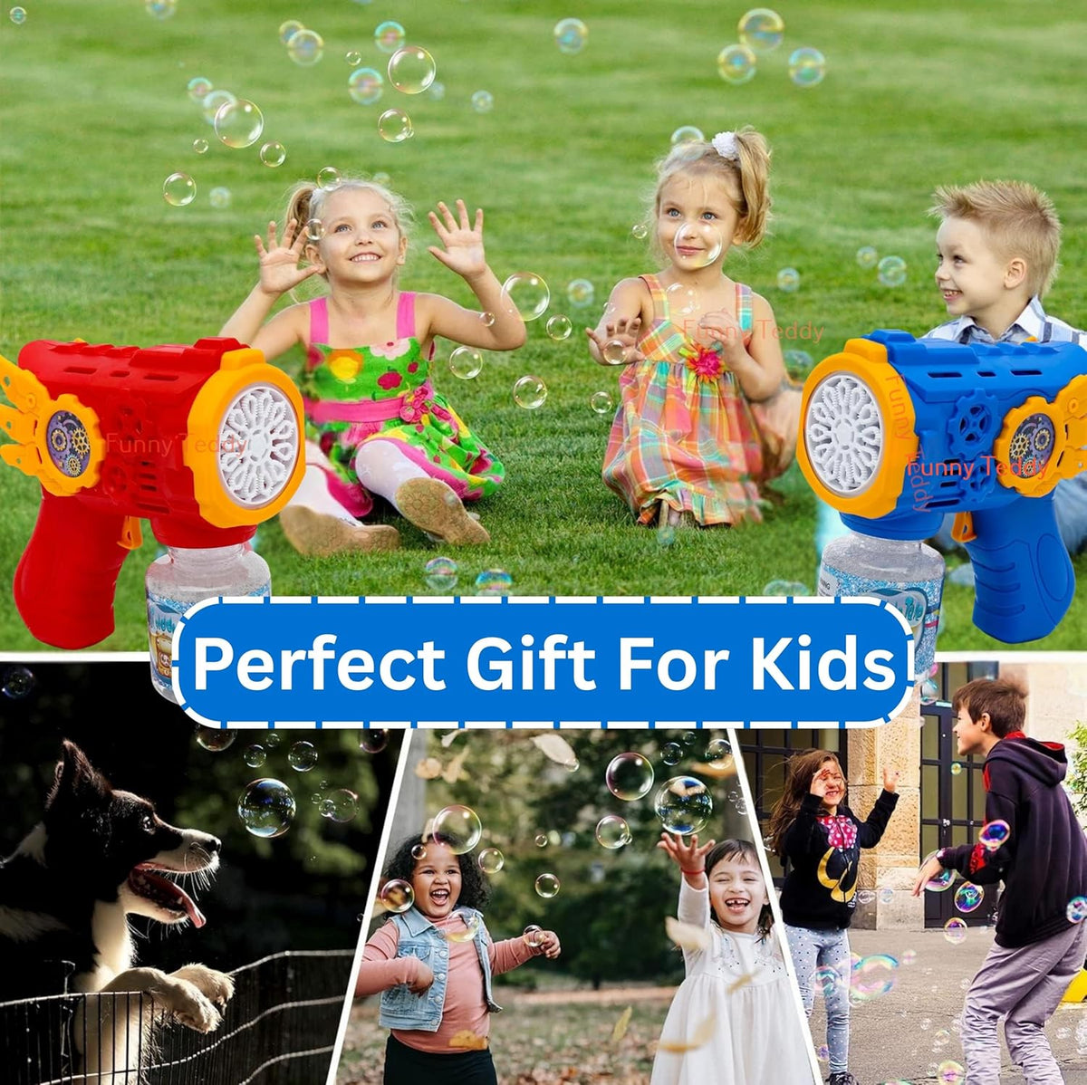 Children playing with bubble guns and bubbles on a grassy field, with text 'Perfect Gift For Kids'.