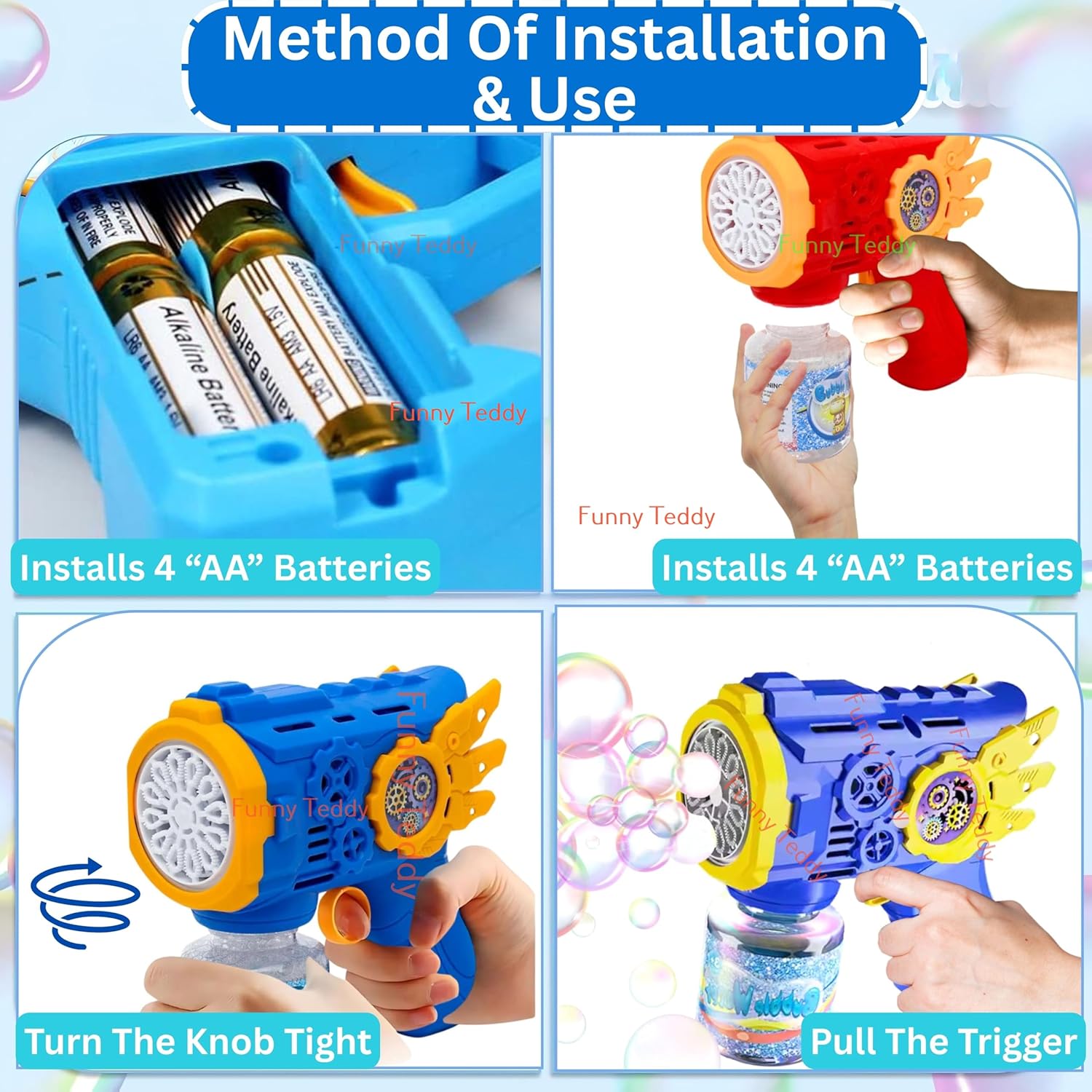 Instructions for installing batteries and using a bubble gun with text overlay.