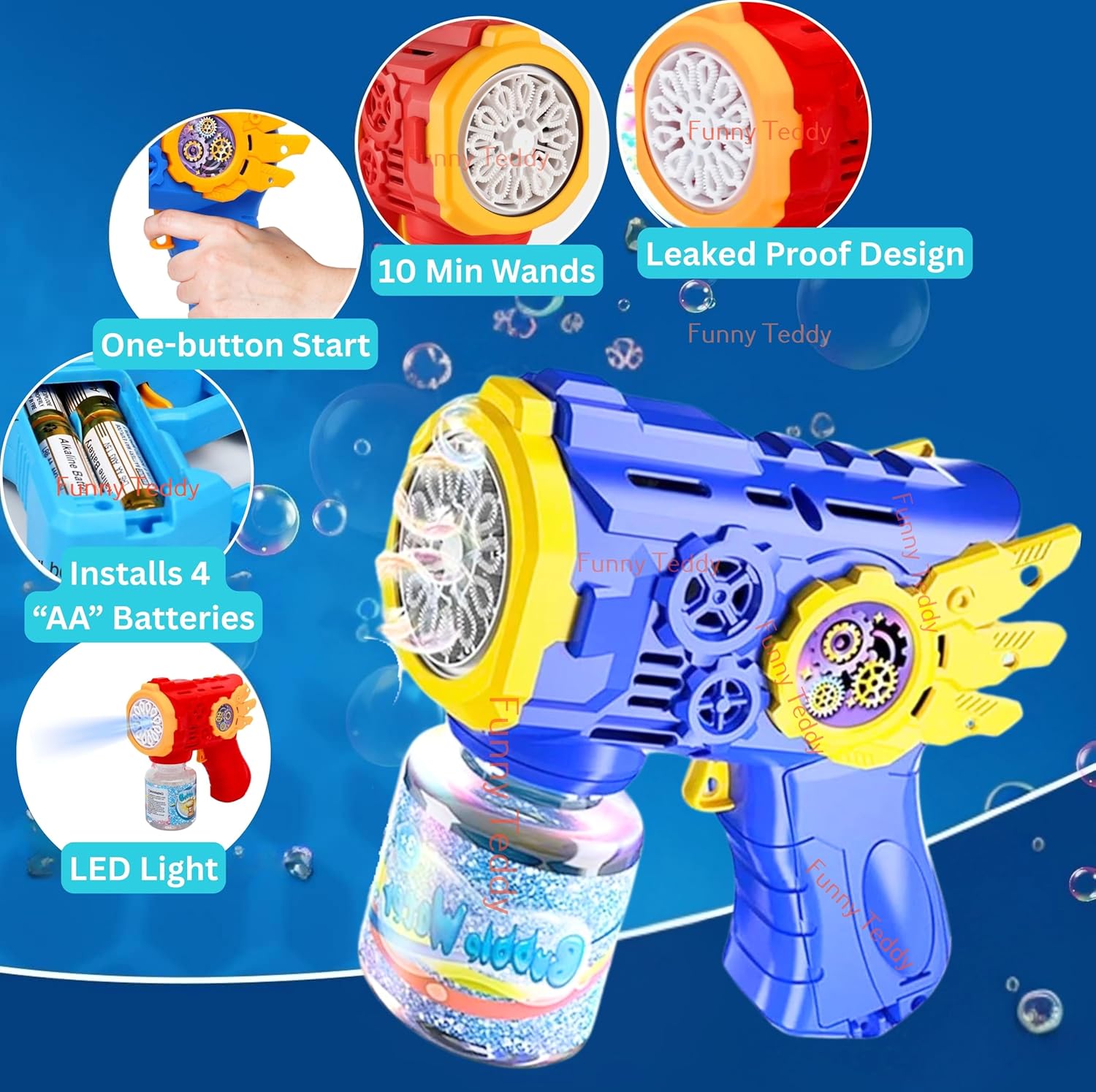 Toy bubble gun with features highlighted on a blue background