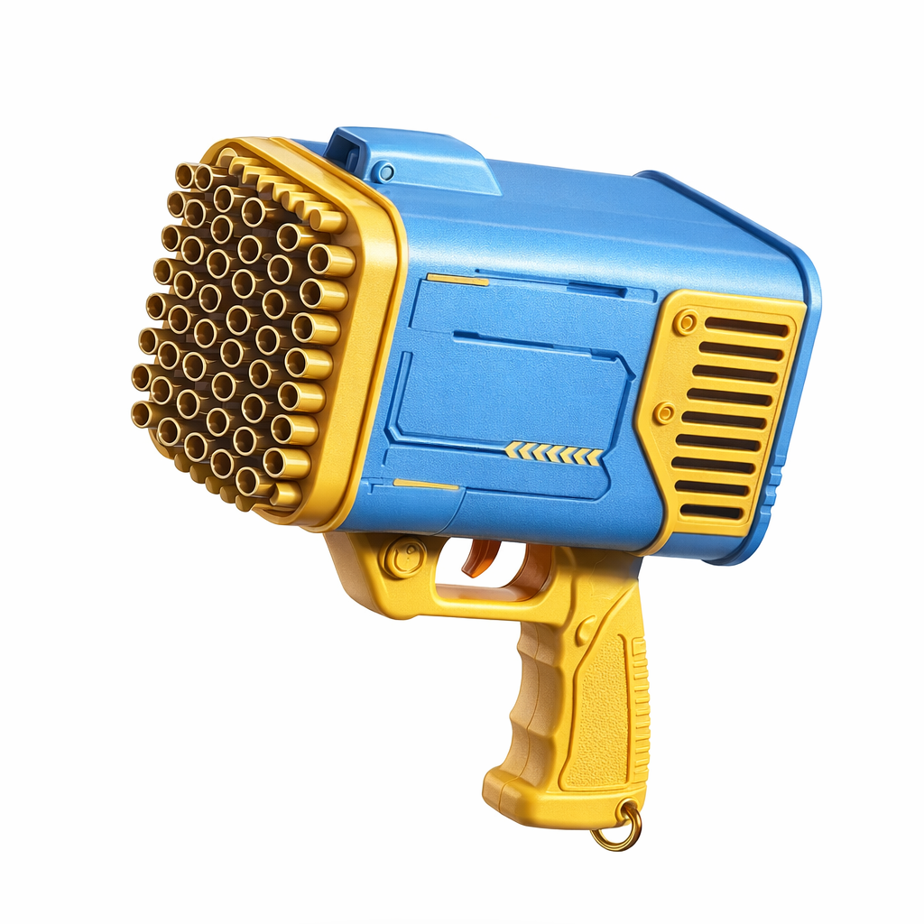 Toy gun with blue and yellow design on a white background