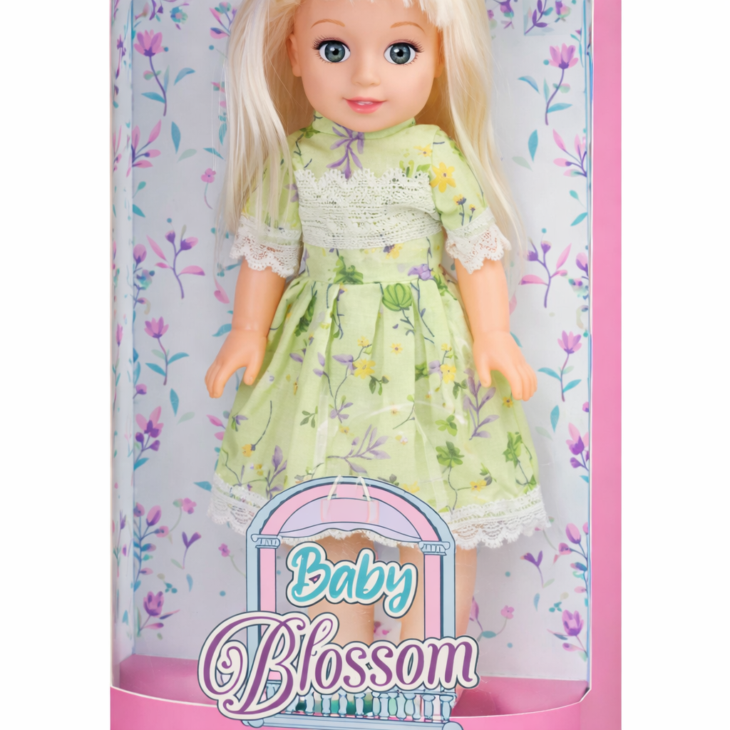 Doll in a floral dress with 'Baby Blossom' branding on a floral-patterned background