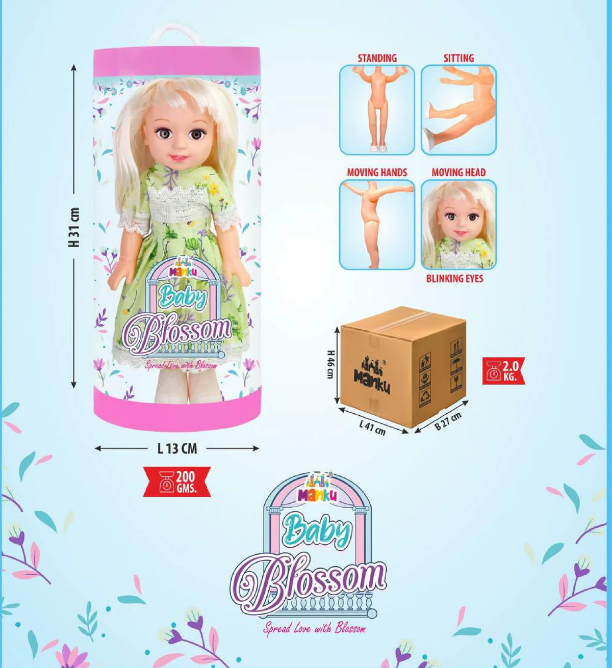 Doll packaging with measurements and features on a light blue background