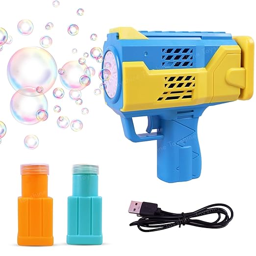 Blue and yellow bubble gun with bubble solution bottles and USB cable on a white background