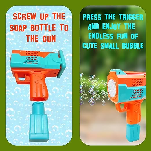 Toy bubble gun with instructions on how to use it, featuring text and bubbles.