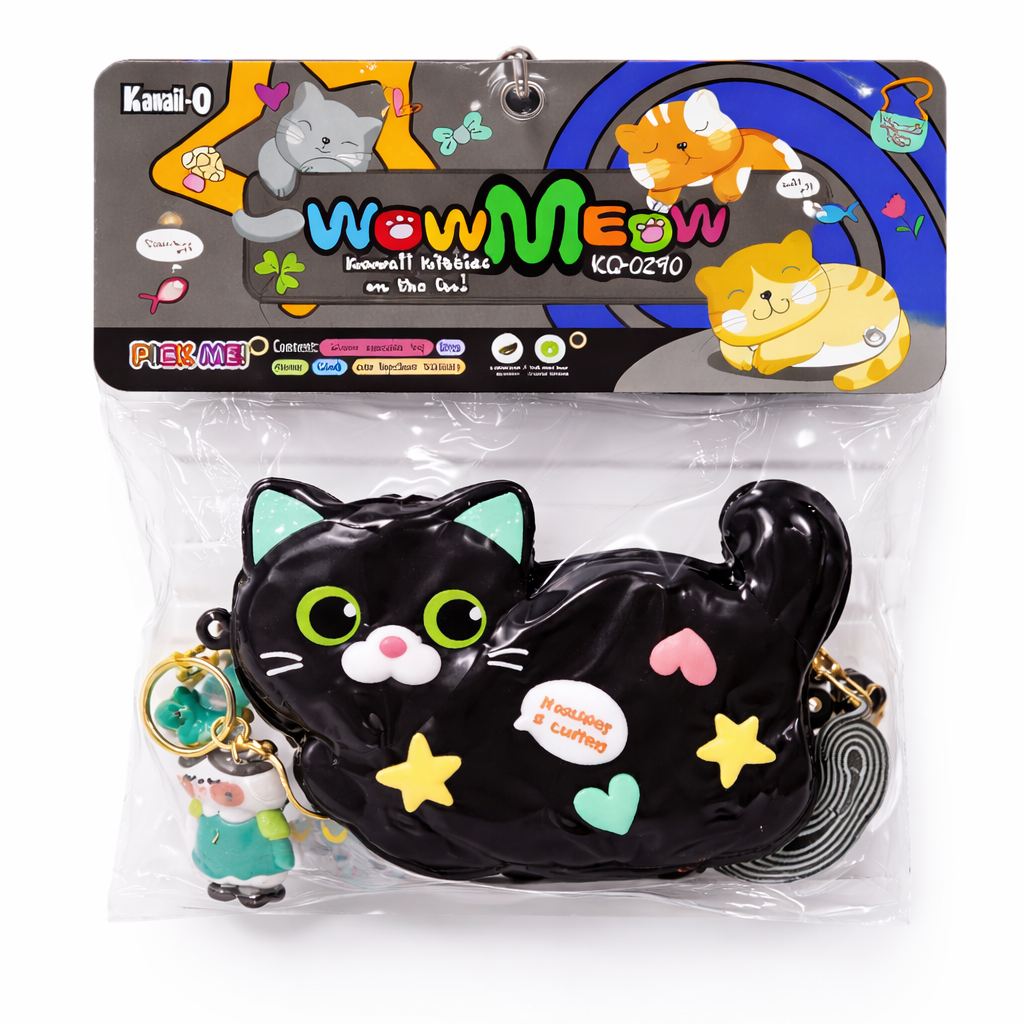 Black cat-shaped toy with colorful decorations in packaging, brand 'Wowmeow' visible