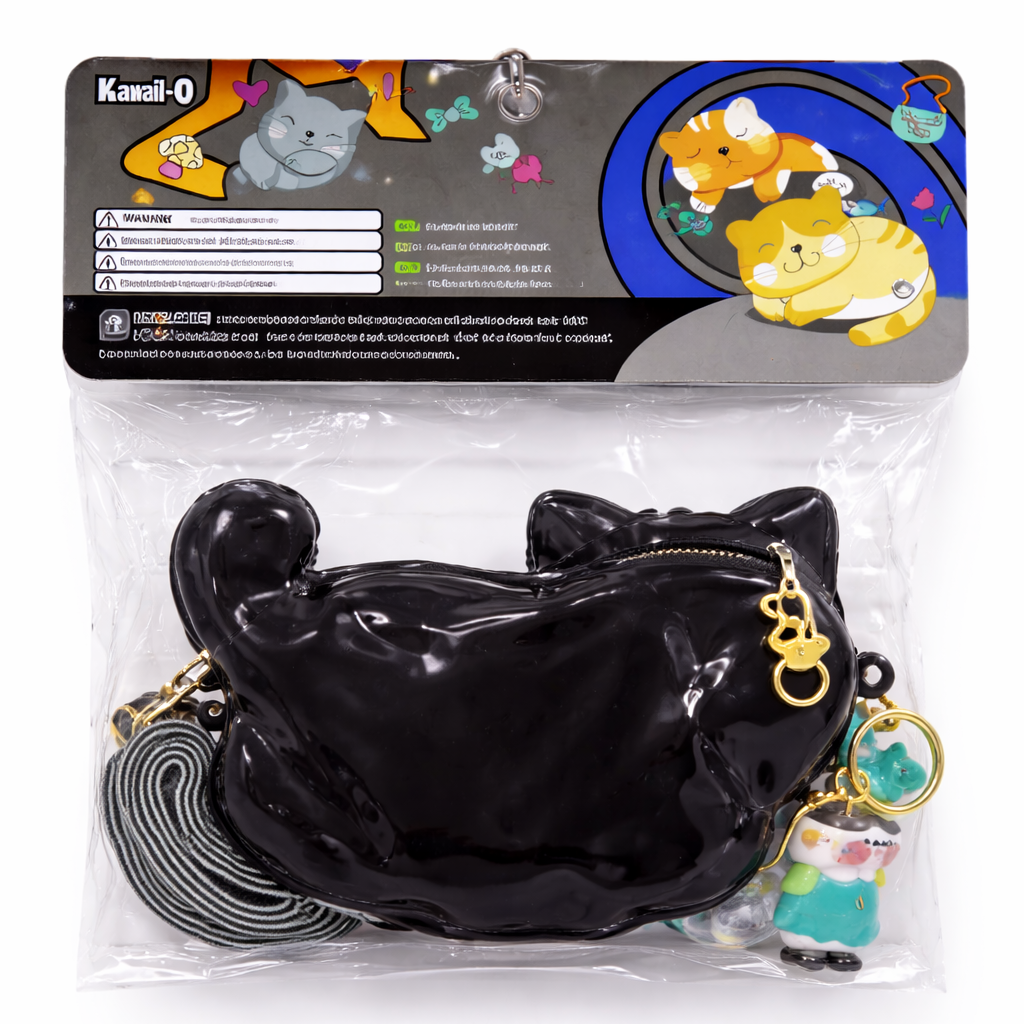 Black cat-shaped leash and collar set with packaging featuring cartoon cats.