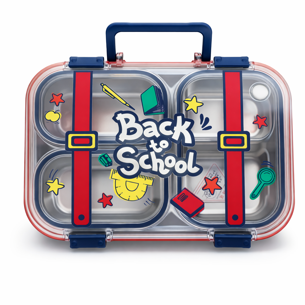 Clear lunch box with 'Back to School' design and colorful elements on a white background