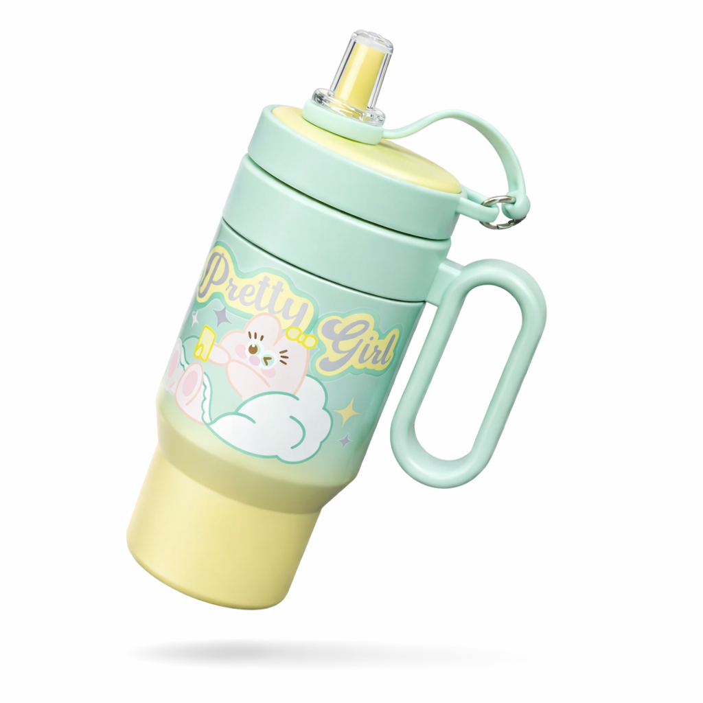 Pastel-colored sippy cup with 'Pretty Girl' text and cartoon design on a white background
