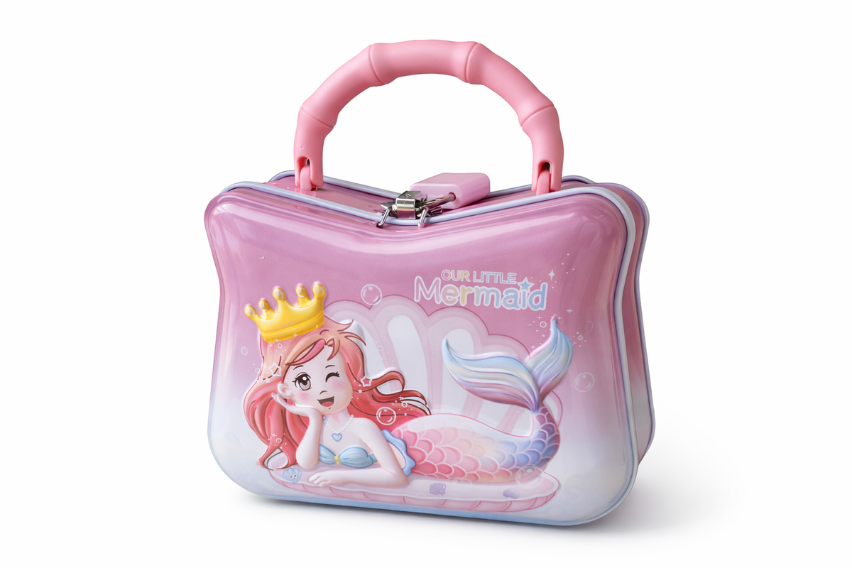 Pink makeup case with mermaid design on a white background