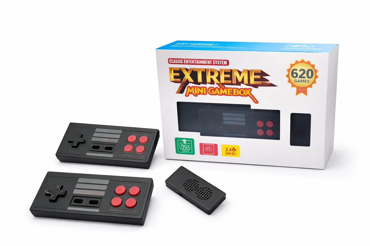 Extreme Mini Gamebox with two controllers on a white background