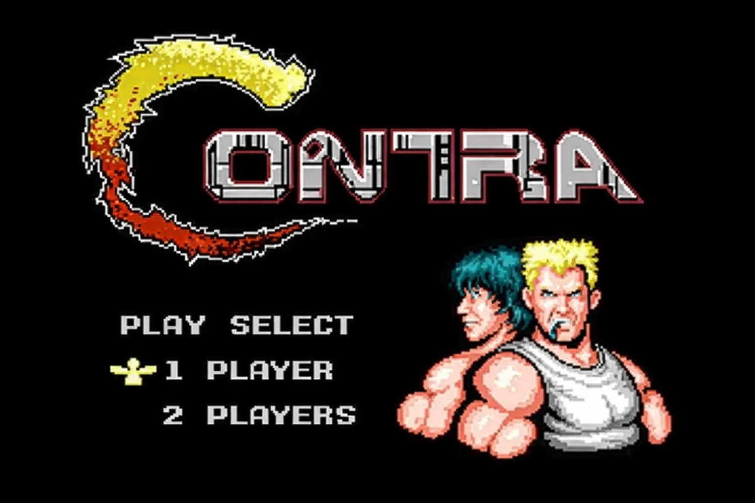 Vintage 'Contra' video game title screen with character illustration.