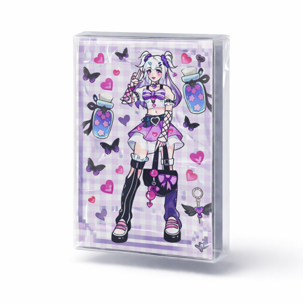 Cassette tape with a stylized character design on a purple background
