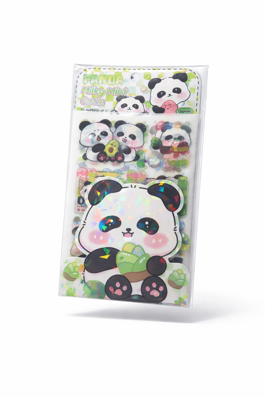 Pack of panda-themed stickers with a white background