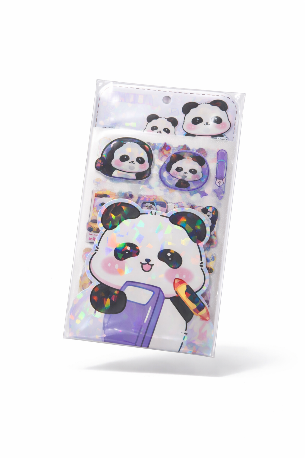 Pack of panda-themed stickers with a colorful design on a white background