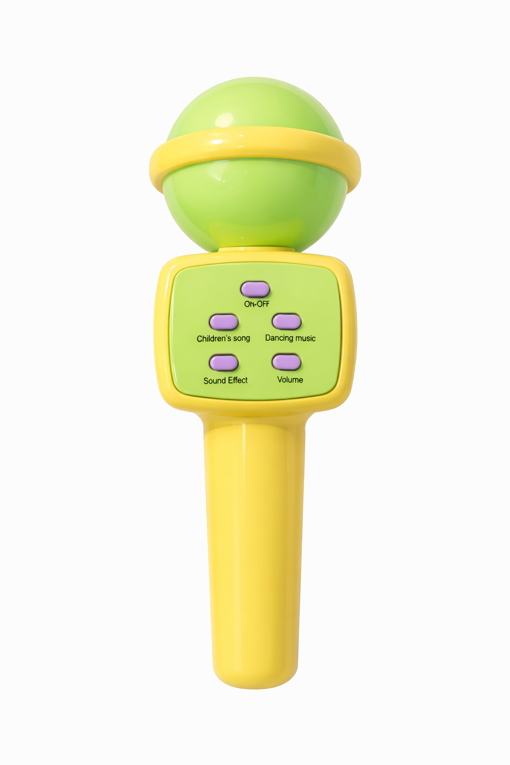 Toy microphone with green and yellow colors on a white background