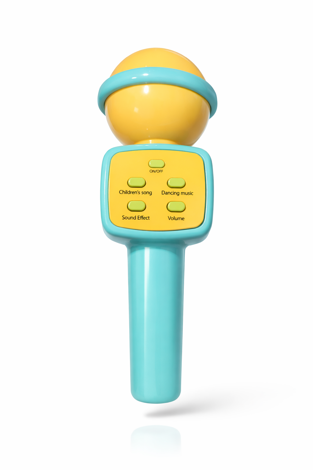 Toy microphone with yellow top and blue body on a white background