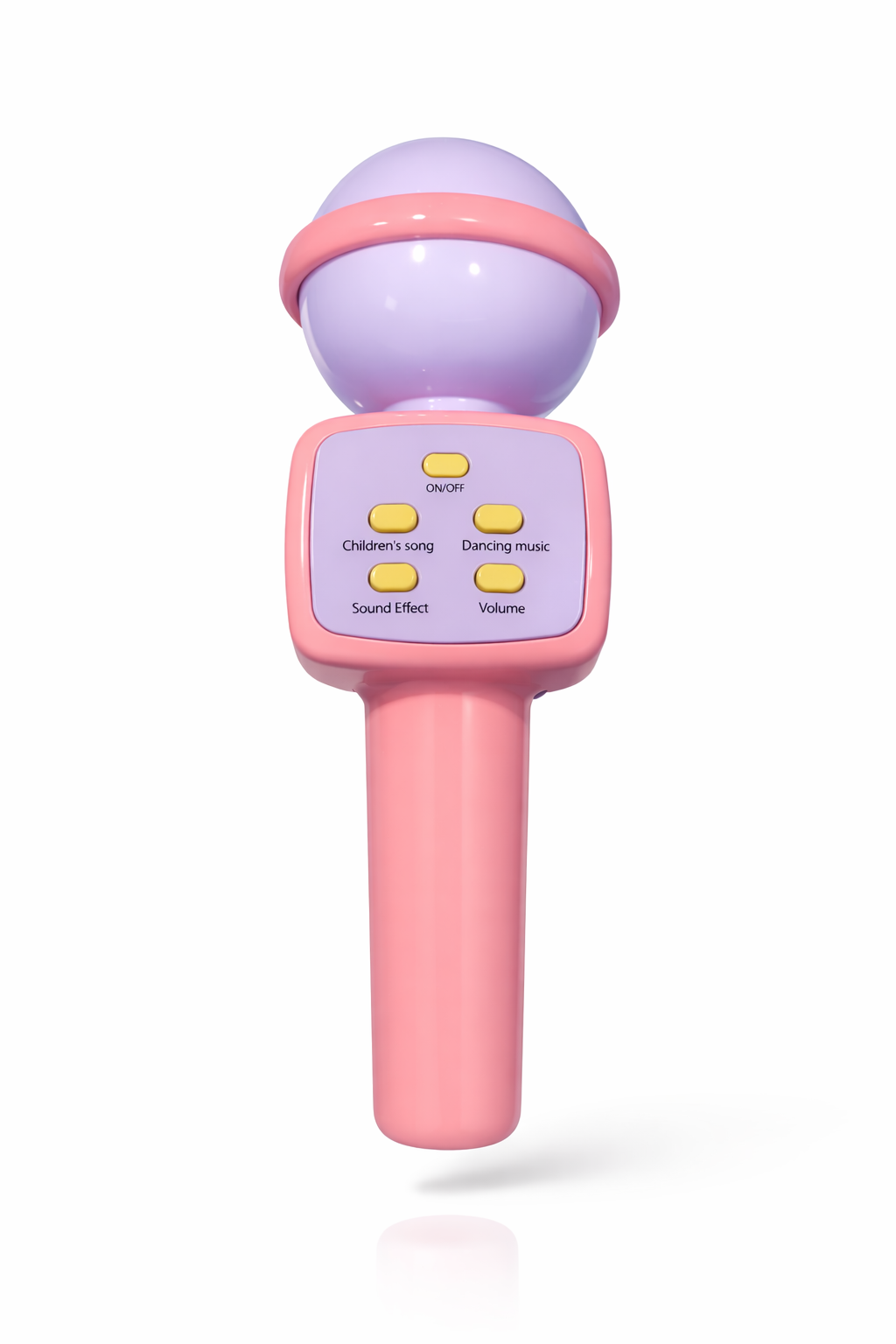 Pink toy microphone with purple top on a white background