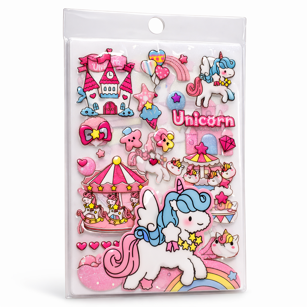 Pack of colorful stickers with unicorns, castles, and other fantasy elements on a white background.