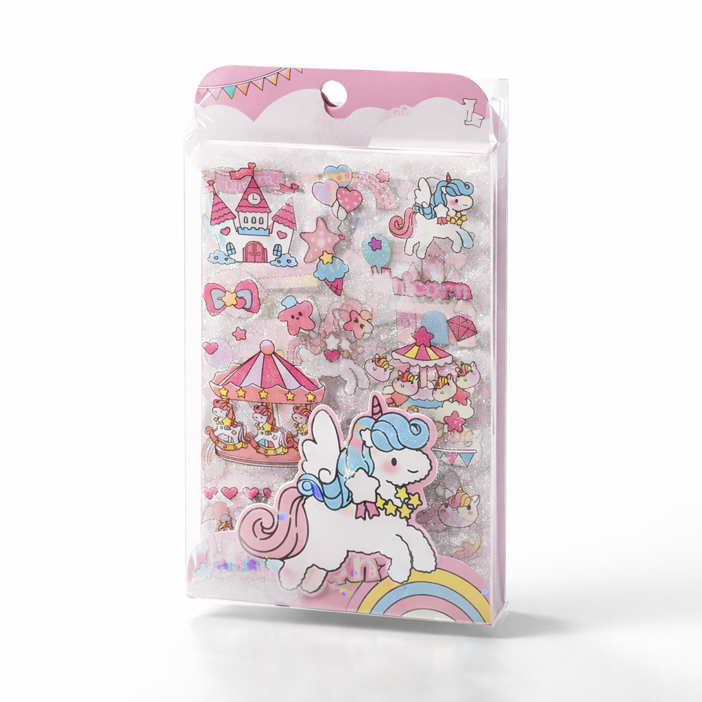 Pack of stickers with cartoon unicorns, stars, and castles on a white background